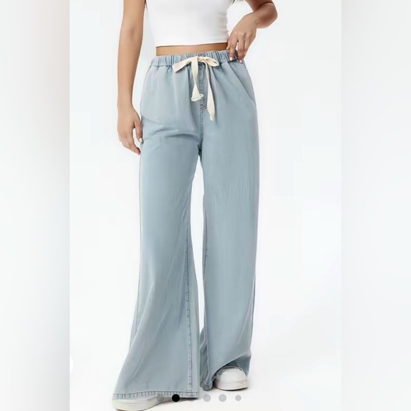 Cider Denim - Cider Light Blue Wide Leg Denim Pants with Cream Tie